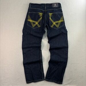 Y2K Red Ape Baggy Jeans Men 36x32 Blue Yellow Embroidered Loose Straight Relaxed